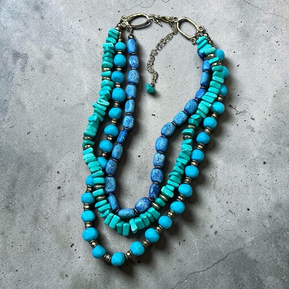 Chico's Layered Turquoise & Teal Beaded Necklace with Gold Accents - Picture 2 of 6